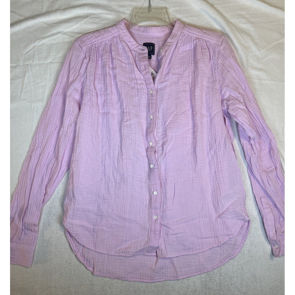 NWT GAP Long Sleeve Button Up 100% Cotton Lilac Crinkle Mock Neck